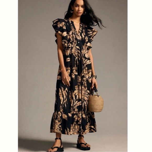 Anthropologie Dresses & Skirts - Anthropologie Black Maxi Dress with Tan Floral Motif